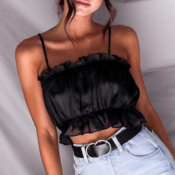 Puffy Black Satin Ruffle Boho Crop Top Tank - Picture 2 of 5